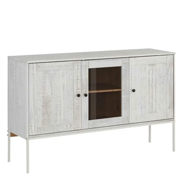 130x80x35 Sideboard Mit Glas & Kiefernholz Weiß – Ejeliva 1