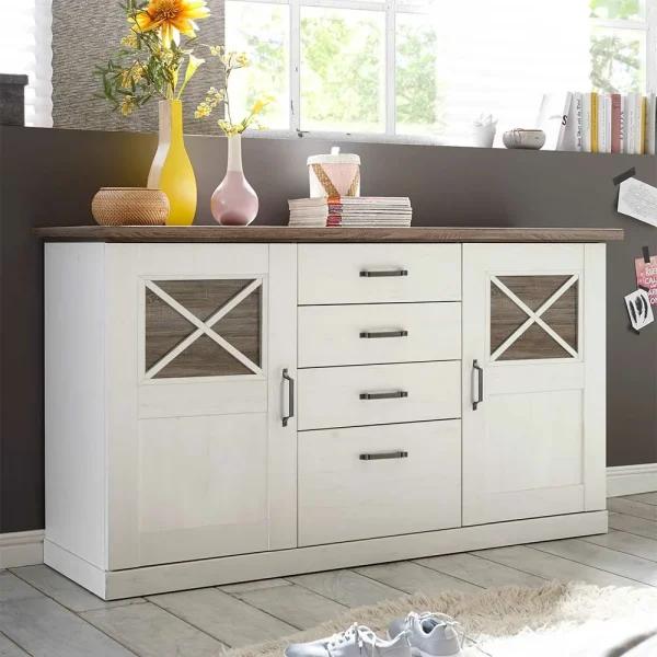 163x90x50 Landhaus Sideboard In Weiß & Pinie Dunkel – Chesnur 3