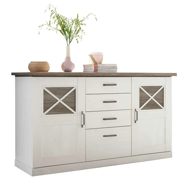 163x90x50 Landhaus Sideboard In Weiß & Pinie Dunkel – Chesnur 1