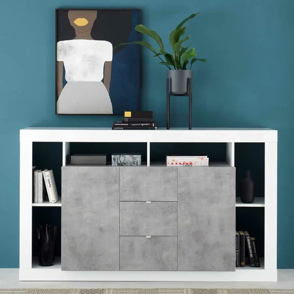 172x102x42 Wohnzimmer Schrank In Weiß HG & Beton NB – Harrisons I 3