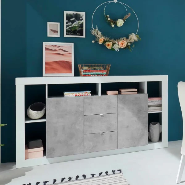 172x102x42 Wohnzimmer Schrank In Weiß HG & Beton NB – Harrisons I 7