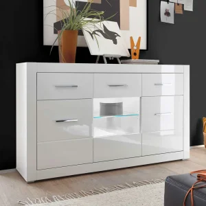3-türiges Sideboard In Hochglanz Weiß & Glas Yulis Mit 2 Schubladen 10