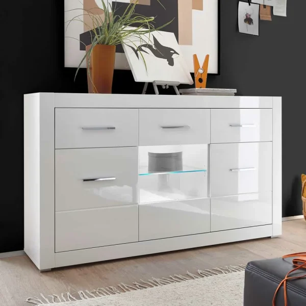 3-türiges Sideboard In Hochglanz Weiß & Glas Yulis Mit 2 Schubladen 3