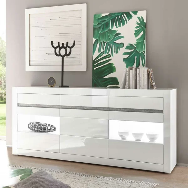 Hochglanz Sideboard In Weiß Mit 2 Glaseinsätzen Mextra & Beton Dekor 3
