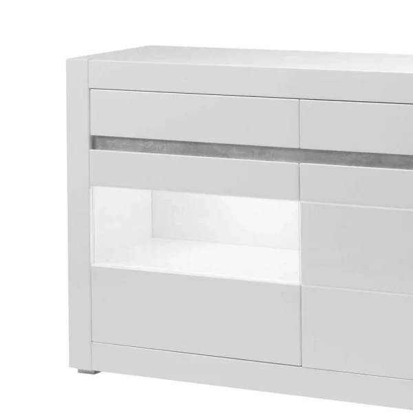 Hochglanz Sideboard In Weiß Mit 2 Glaseinsätzen Mextra & Beton Dekor 5