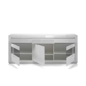 Hochglanz Sideboard In Weiß Mit 2 Glaseinsätzen Mextra & Beton Dekor 18
