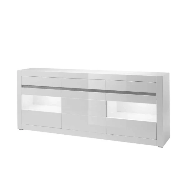 Hochglanz Sideboard In Weiß Mit 2 Glaseinsätzen Mextra & Beton Dekor 1