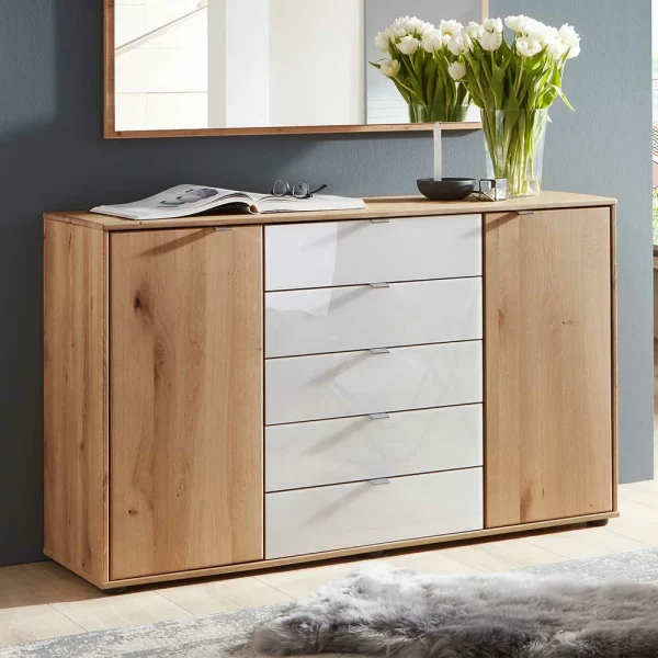 Kommode In Eiche Bianco & Weiß Glas – Colin 3