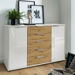 Wohnraum Kommode In Weiß Glas-Front – Ivany 9